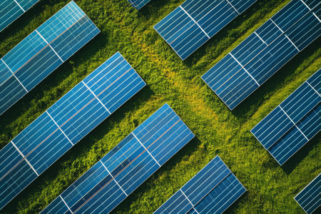 A vast expanse of solar panels installed in rows, harnessing renewable energy from the sun in an open field, A gleaming solar panel farm captured from overhead, AI Generatedの素材