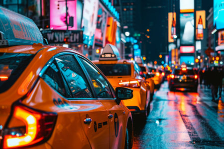 A hectic urban scene of a crowded city street showcasing the bustling traffic and busy pedestrians, A group of electric taxis in New York City, AI Generatedの素材