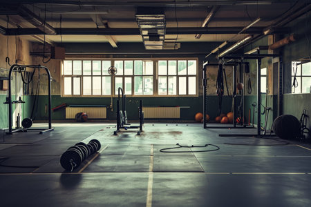 This photo showcases a fully-equipped gym filled with a diverse selection of exercise machines, weights, and accessories, A gym with an intense boot camp course, AI Generatedの素材
