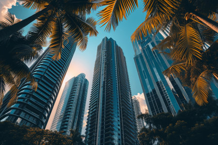 A photo capturing a group of tall buildings standing amidst a lush landscape of palm trees, A group of diverse, modern skyscrapers in an urban jungle, AI Generatedの素材