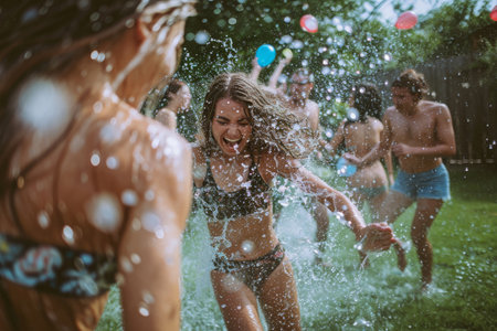 A lively group of people laughing and splashing as they play in a large pool of water on a sunny day, A group of friends having a splashing water balloon fight in the backyard, AI Generatedの素材