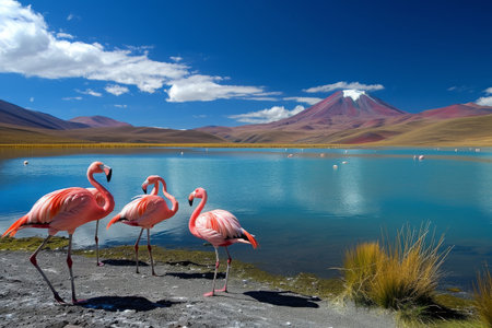 A photo capturing three flamingos as they stand gracefully on the shore of a serene lake, A group of flamingos by a crystal blue lake, AI Generatedの素材