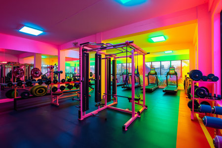 A spacious gym room filled with a variety of exercise equipment, brightly illuminated and ready for workouts, A gym decked out in bright neon colors, AI Generatedの素材