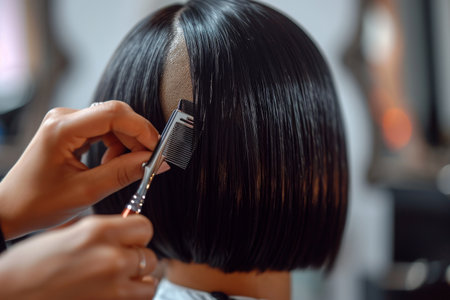 A woman is being attended to by a hair stylist as her hair is being cut, A hairdresser giving a client a trendy blunt bob haircut, AI Generatedの素材