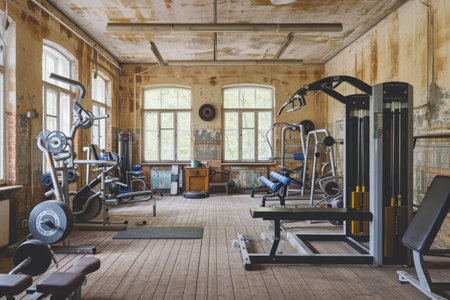 An old gym filled with a variety of mechanical exercise equipment and weights, untouched for years, A gym with vintage workout equipment, AI Generatedの素材