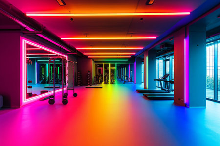 A brightly lit room filled with exercise equipment and mirrors, providing an ideal space for physical activity and training, A gym decked out in bright neon colors, AI Generatedの素材