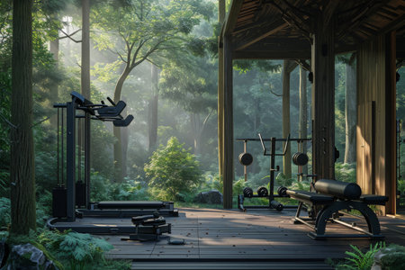 A busy gym filled with a variety of exercise machines and equipment for different types of workouts, A gym situated in a tranquil forest, AI Generatedの素材