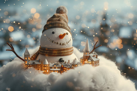 A snowman with a hat and scarf stands in the snowy landscape, A giant snowman holding a tiny city in his hands, AI Generatedの素材