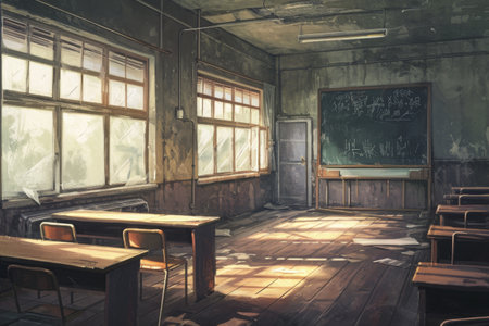 An Empty Classroom With Desks and a Chalkboard, A Gastby-esque depiction of an empty classroom in an old private school, AI Generatedの素材