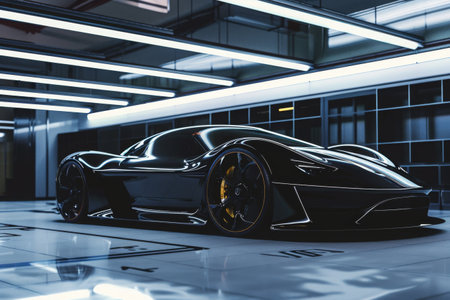 A black sports car is parked inside a garage, ready to hit the road, A glossy, black sports car in a high-tech garage, AI Generatedの素材