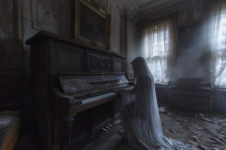 A ghostly woman wearing a white veil stands solemnly in front of a piano, creating an eerie atmosphere, A ghostly musician forever playing the last notes on a forgotten piano, AI Generatedの素材