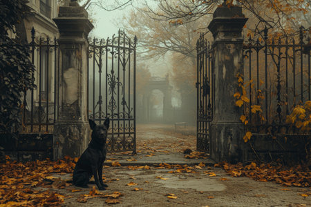 A black dog sits attentively in front of a closed gate, looking towards the camera, A ghastly dog waiting faithfully at the gates of an abandoned manor, AI Generatedの素材