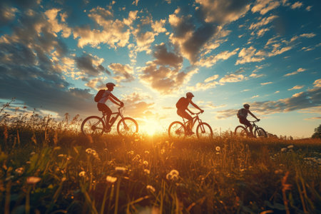 Three individuals riding bicycles in an open field during the sunset, A group of friends enjoying a bicycle ride at sunset, AI Generatedの素材