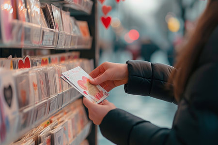 An adult woman is carefully examining a greeting card with focused attention in a retail store, A hand reaching out to pick a Valentine's Day card from a rack, AI Generatedの素材
