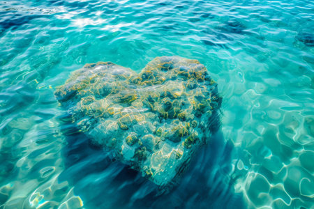 A heart-shaped rock stands out amidst the vastness of the ocean waves, A heart-shaped reef in crystal clear tropical waters, AI Generatedの素材