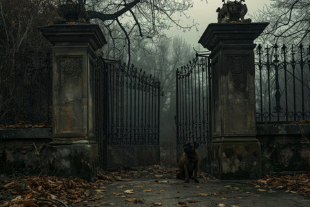 A dog stands alertly in front of a closed gate, guarding the entrance with curiosity, A ghastly dog waiting faithfully at the gates of an abandoned manor, AI Generatedの素材