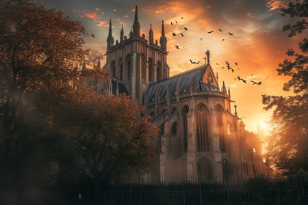 This photo captures a painting of a cathedral with birds gracefully soaring above it, A gothic cathedral at sunset, AI Generatedの素材