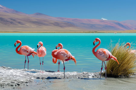 A group of flamingos, elegant and pink, standing as they grace the sandy beach next to the tranquil body of water, A group of flamingos by a crystal blue lake, AI Generatedの素材