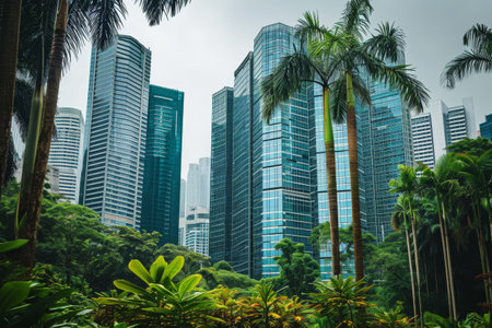Group of Tall Buildings in the Middle of a Forest, A group of diverse, modern skyscrapers in an urban jungle, AI Generatedの素材