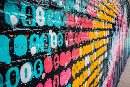 A wall covered in a vibrant array of differently colored circles, creating a visually striking pattern, A graffiti wall covered with an artistic design using binary code, AI Generatedの素材