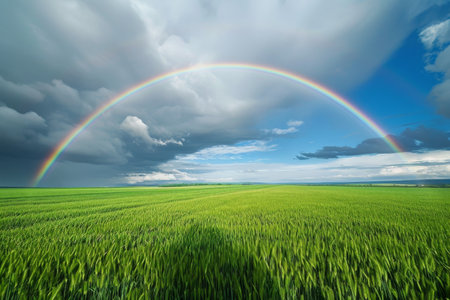 A vibrant rainbow arches across the sky above a lush green field, A green field under a cloudy sky, coupled with a simplistic rainbow, AI Generatedの素材