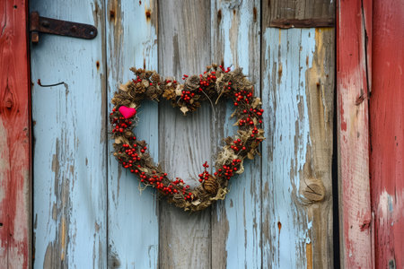 A heart shaped wreath, made of green leaves and red berries, hangs on a wooden door, adding a touch of warmth and charm to the entrance, A heart-shaped wreath on a rustic farmhouse door, AI Generatedの素材