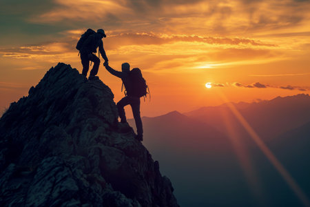 Two individuals scaling a mountain during the sunset, demonstrating strength and determination, A grip of friendship as a hiker helps another reach the summit, AI Generatedの素材