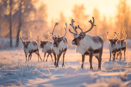 A group of reindeer standing together on top of a field covered in snow, A herd of reindeer in a shimmering, snowy field, AI Generatedの素材