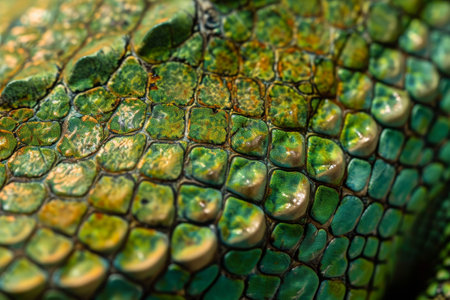 This photo showcases a detailed close-up view of the textured green skin of a lizard, A high detailed view of a lizard's skin, AI Generatedの素材