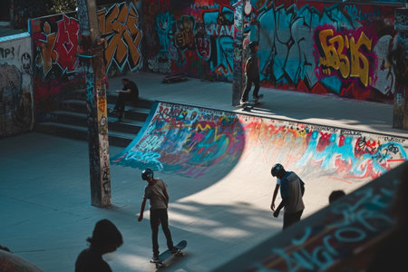Group of People Riding Skateboards at a Skate Park, A group of skateboarders showcasing their skills in a graffiti-adorned skate park, AI Generatedの素材