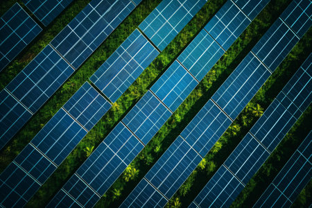 A photo showcasing a solar panel covered in lush green vegetation, A gleaming solar panel farm captured from overhead, AI Generatedの素材