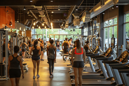 A group of individuals vigorously running on multiple treadmills in a well-equipped gym environment, A group of people working out in a lively, bustling gym, AI Generatedの素材