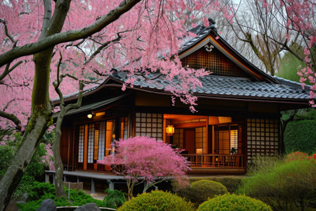 A small wooden building stands amidst a lush forest, adorned with vibrant pink flowers, A Japanese tea house during cherry blossom season, AI Generatedの素材