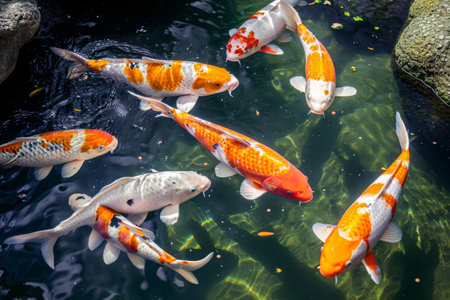 A vibrant group of koi fish swimming elegantly in a serene pond full of lush foliage, A group of elegant koi carp in a tranquil Japanese pond, AI Generatedの素材