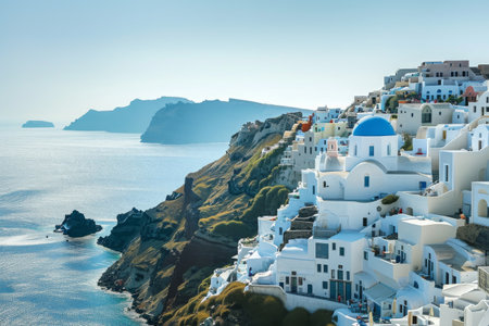 An impressive photograph showcasing a stunning village perched on a cliff, offering breathtaking views of the vast expanse of the ocean, A Grecian white and blue cliffside village, AI Generatedの素材