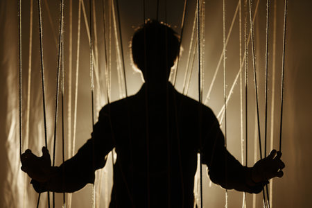 A man stands in front of a curtain, extending his hands upwards in a gesture of celebration or exclamation, A human silhouette with opioids controlling the puppet strings, AI Generatedの素材