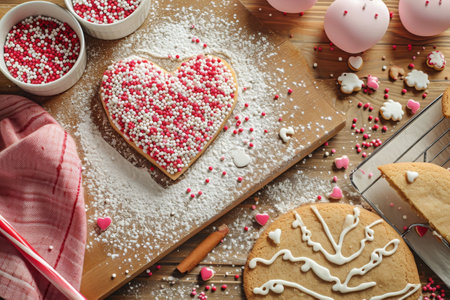 A heart shaped cookie sits on a wooden cutting board, ready to be enjoyed, A heart-shaped cookie baking scene with ValentineÃ¢â¬â¢s Day sprinkles, AI Generatedの素材