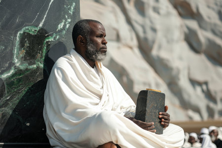 A man sitting on a bench holding a book in his hands, engrossed in reading, A Hajj pilgrim at the Black Stone in Mecca, AI Generatedの素材
