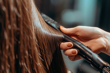A woman is using a hair dryer to trim her hair in this straightforward and factual image, A hairdresser's hands skillfully using a straightener on long hair, AI Generatedの素材