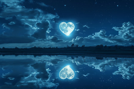 A clear image of a full moon shining brightly and its reflection in the calm water below, A heart-shaped moon illuminating a tranquil night, AI Generatedの素材