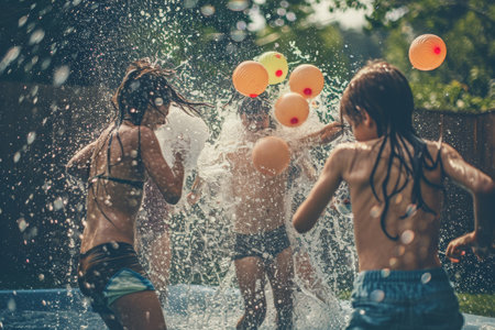 A lively group of young children playing and splashing in a pool on a sunny day, A group of friends having a splashing water balloon fight in the backyard, AI Generatedの素材