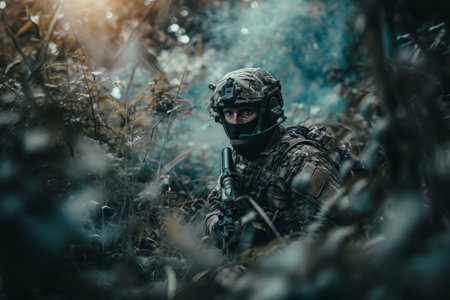 A man dressed in a camouflage suit walks through the dense woods, A lone special forces soldier separated from his team, navigating through dense wilderness, AI Generatedの素材
