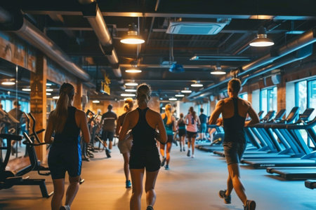 A dynamic group of individuals performing running exercises on treadmills in a well-equipped gym, A group of people working out in a lively, bustling gym, AI Generatedの素材