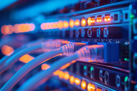 A photo showing multiple wires connected to each other in a complex network, A high-level overview of a LAN network in minimal design, AI Generatedの素材