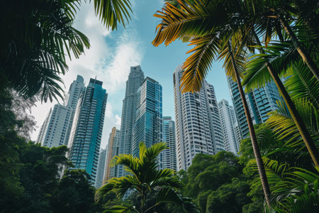 A photo showing a group of tall buildings standing alongside palm trees, A group of diverse, modern skyscrapers in an urban jungle, AI Generatedの素材