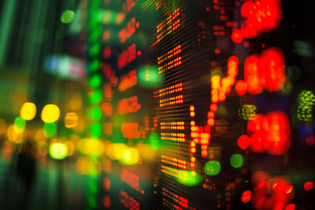 This photo features a close-up view of vibrant lights arranged on a wall, creating a colorful and lively display, A heat map showing hot spots in the stock market, AI Generatedの素材