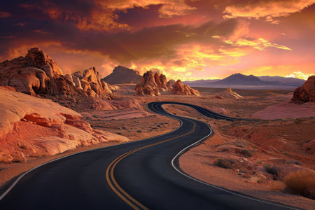 A long, winding road cuts through the vast expanse of a desert landscape, surrounded by sand dunes and arid mountains, A highway snaking through a rocky desert scape at sunset, AI Generatedの素材
