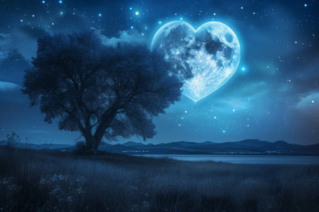A tree shaped like a heart stands prominently in the center of a vast field, A heart-shaped moon illuminating a tranquil night, AI Generatedの素材