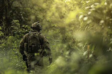 A man dressed in camouflage blends into the forest as he walks through the dense foliage, A lone special forces soldier separated from his team, navigating through dense wilderness, AI Generatedの素材