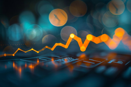 A detailed view of the keys on a laptop keyboard, with an out-of-focus background, A line graph comparing ETFs and mutual funds growth over time, AI Generatedの素材